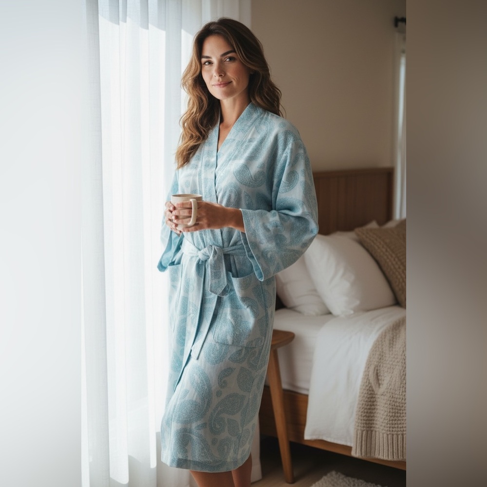 Begonville Women's 100% Cotton Light Blue Paisley Kimono Robe Comfort Luxury S/M